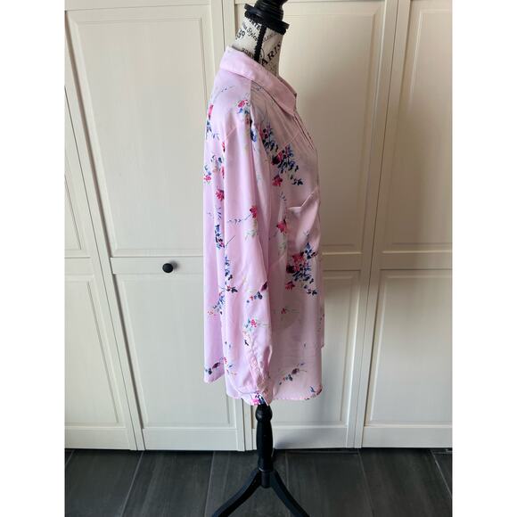 Roaman's Plus Size Light Pink Floral lightweight button up long sleeve blouse - Picture 4 of 9